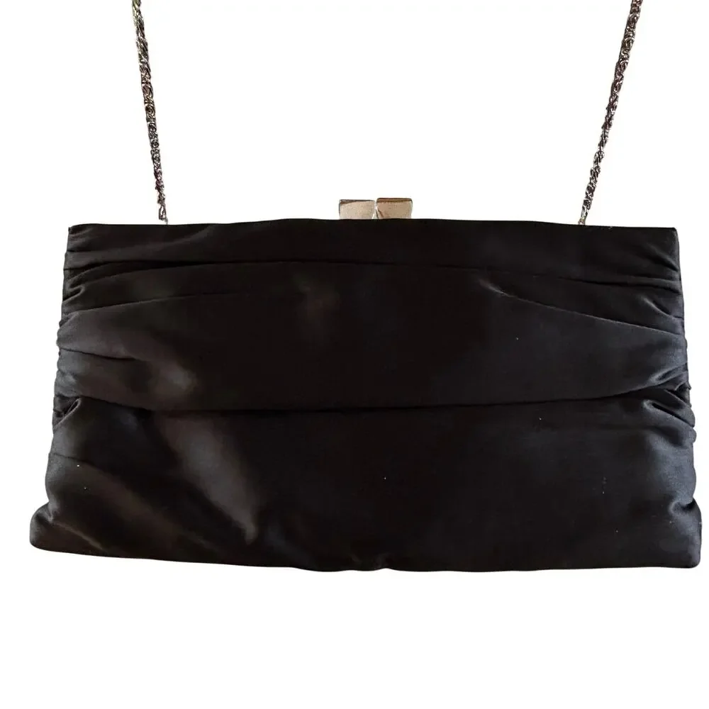 Lulu Townsend black satin evening bag with silvertone chain strap clutch purse